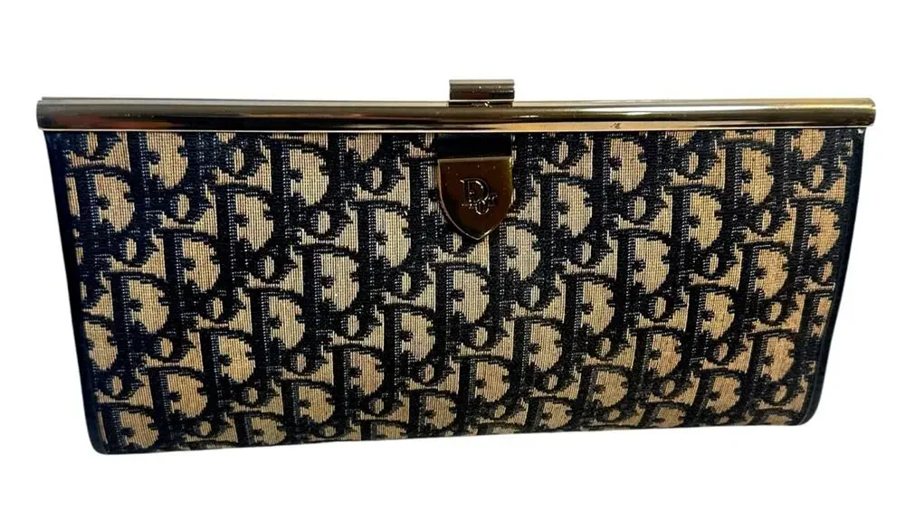 Vintage Christian Dior Oblique Trotter Frame Clutch Navy Canvas Made France